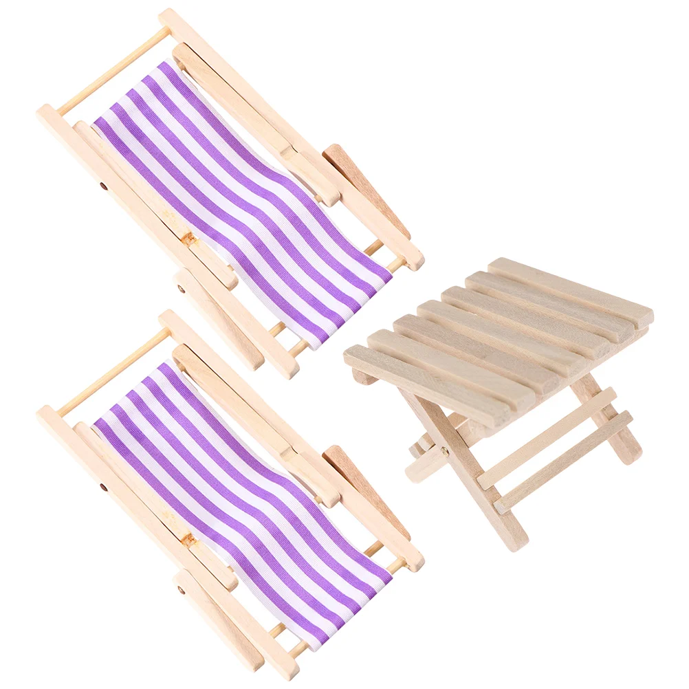

3 Pcs Deck Chair Beach Dollhouse Mini Miniature Lounge Simulated Model Folding Lounger Decorations Foldable Wood Collapsible