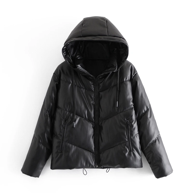 Black/Beige Oversized Warm Overcoat New Style Loose Hooded Coat Fashion Zipper Pocket PU Leather Winter Women Jacket Parkas