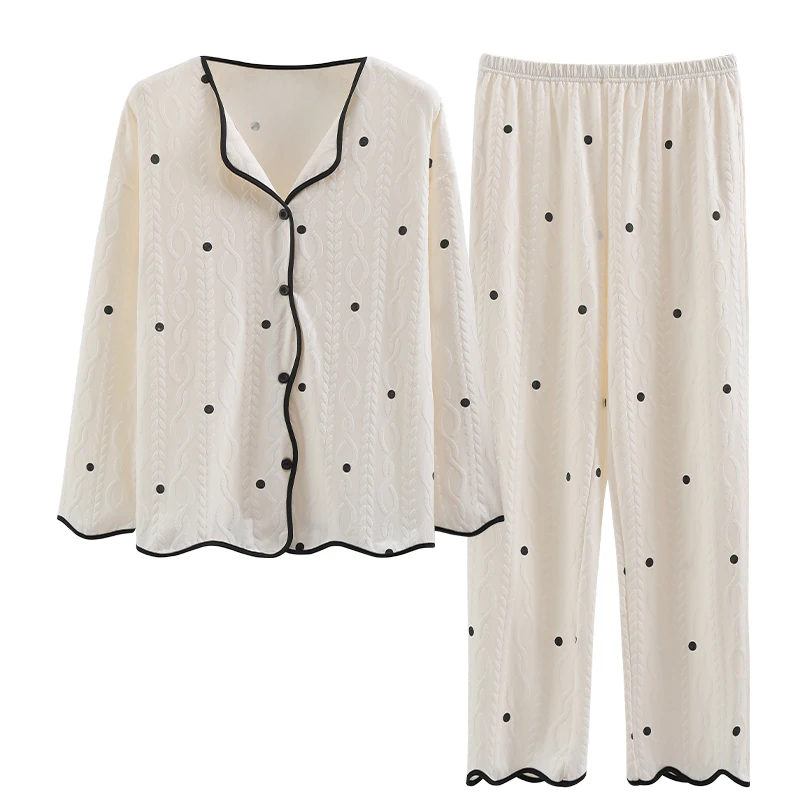 

Plus Size Women's Pajamas Set Allover Dots Print Lapel Button Front Long Sleev and Pants Homewear Cozy Lougewear Lady Sleepwear