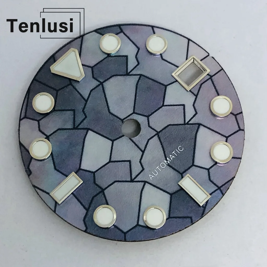 Фото Циферблат часов Tenlusi 28,5 мм NH35, синий, зеленый, светящийся циферблат, стерильный черный, синий, серебристый, зеленый, детали часов №4