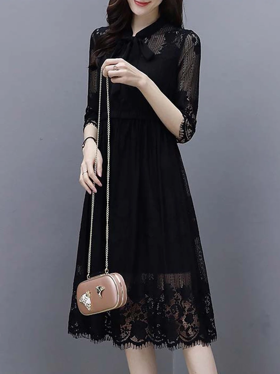 

Fashion Women Dress Lace Patchwork Round Neck Solid Color Half Sleeve Loose Elegant Spring Fall Dress For Ladies Pullover 2022