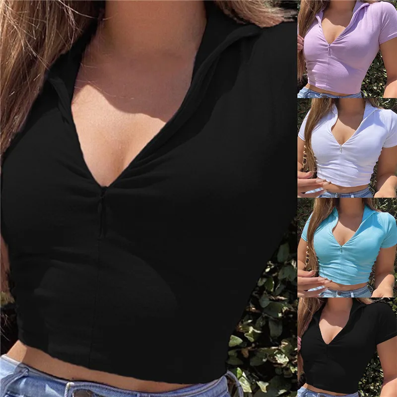 

Женский укороченный топ на молнии, Повседневная белая футболка с коротким рукавом и воротником на молнии, лето 2022