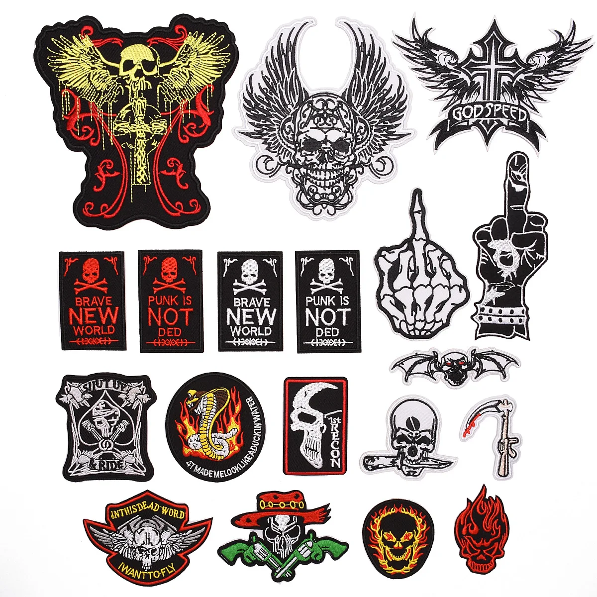

Mixed 19Pcs/Lot Fashion Punk Skull Badges Soft Fabric Patches Embroidery Sew on Applique Clothing Handmade DIY Garment Decor