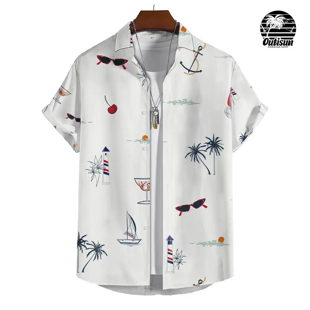 

Гавайская мужская пляжная рубашка с принтом кокосового дерева, модная мужская одежда с отворотами и короткими рукавами, топ на пуговицах, футболка оверсайз для мужчин