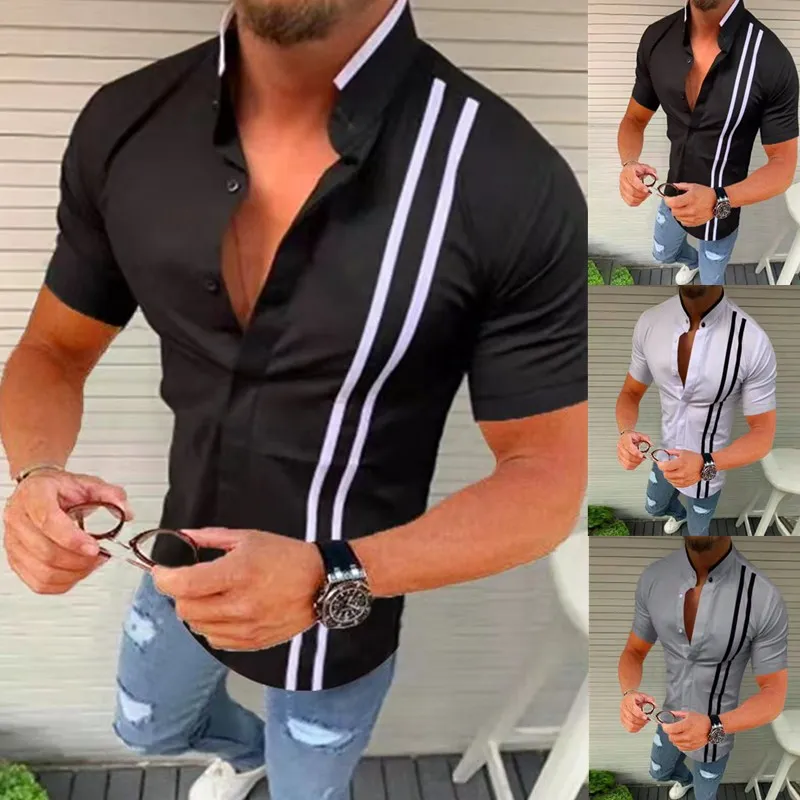 

2022 Men Short Sleeve Business Shirts Slim Formal Dress Casual Striped Henley Dress Lined Trend Solid Color Shirts