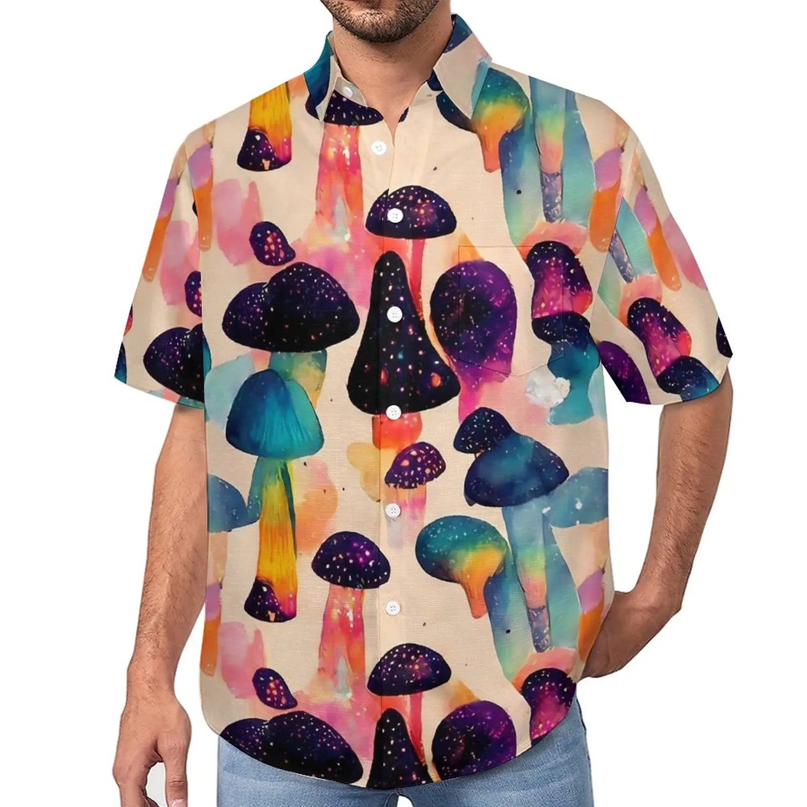 

Magic Mushrooms Casual Shirts Red And Green Beach Shirt Summer Funny Blouses Man Print Plus Size