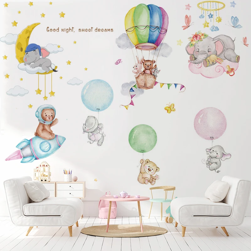 

Cartoon Bear Elephant Wall Stickers Baby Nursery Hand Paint Wall Decals Animals Decorative Stickers Home Decor
