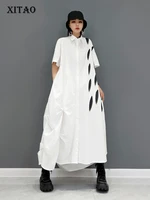 xitao new large size white dress asymmetrical print bow splicing summer new simplicity temperament a line shirt dress cll1798