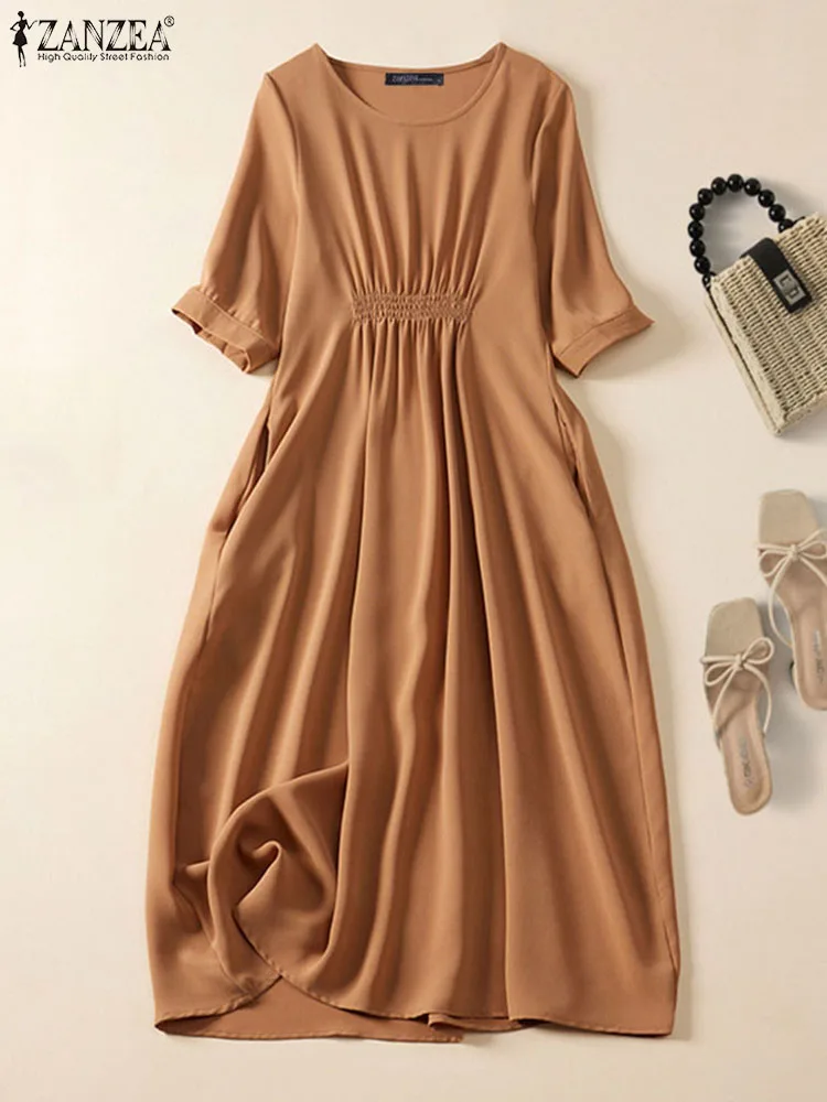 

ZANZEA Women Loose A-line Dress Casual Short Sleeve Vestido Smocked Elegant Midi Dress Crew Neck Summer Plain Oversize Long Robe