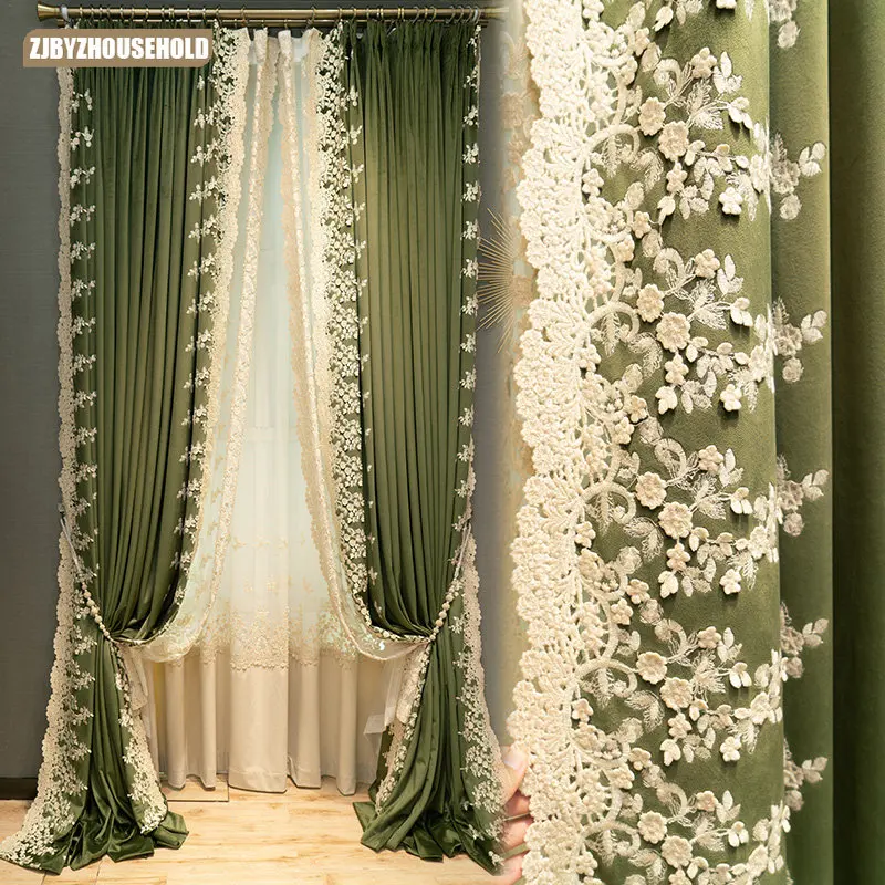 

Customized Velvet Fabric High-end Light Luxury Blackout Green Embroidered Curtains for Living Dining Room Bedroom Thickened