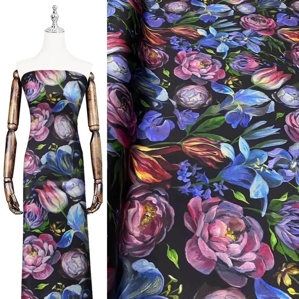 Модный бренд шелк King атласная ткань черный фон краска цветы эластичный