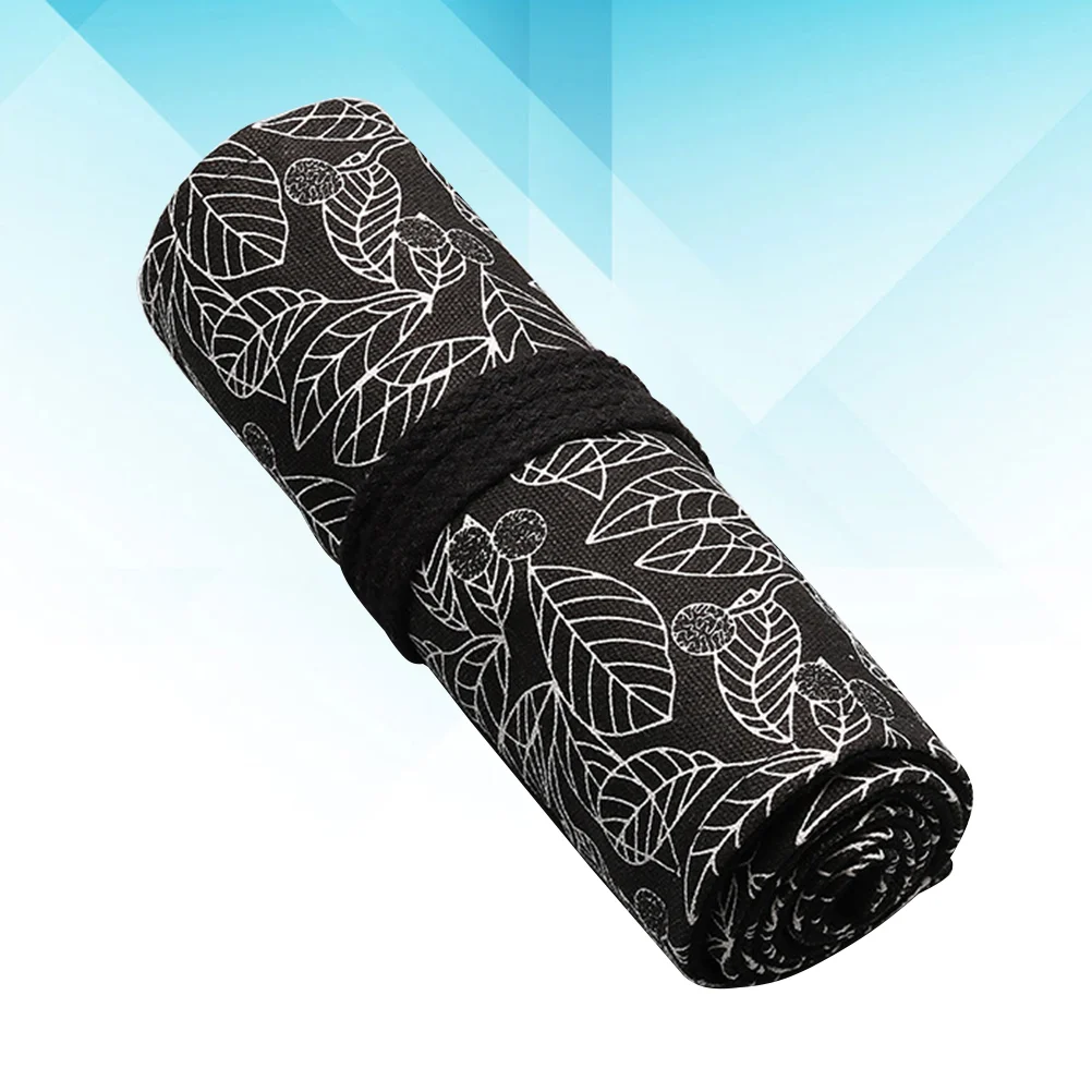 

36 Slots Canvas Roll Wrap Large Capacity Leaves Printed Roll Case Coloring Holder Pen Storage Organizer ( Black )