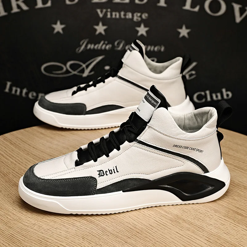 

Кроссовки мужские из натуральной кожи, высокие берцы, плоская подошва, скейтборды, Повседневная модная зимняя обувь