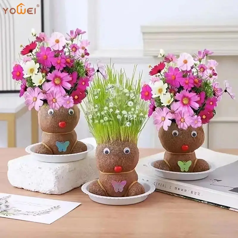 Small Growing Grass Head Doll Plant Hydroponic Flower Greenery Children Gift Indoor Balcony Baby Pot Planter Room Home Decor