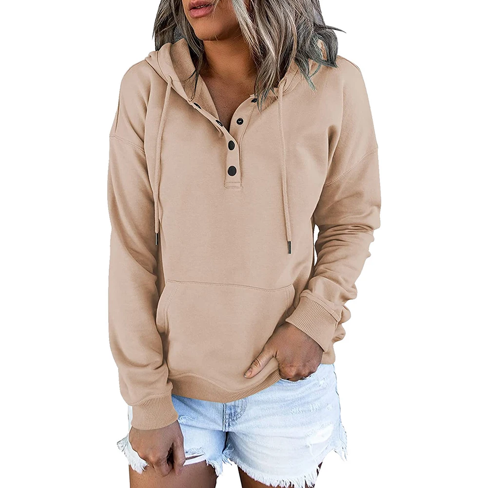 

Women Sweatshirt Women's Hoodie Brand New Button Fit Drawstring Tops Casual Daily Female Long Sleeve Non Strech