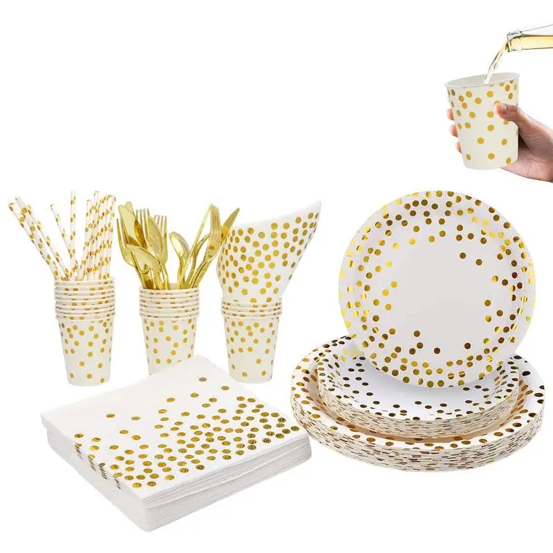 

Gold Dot Party Supplies 200PCS One Use Gold Paper Plates Dinnerware Set For Wedding And Party Dinnerware Confetti Dots 50 Plates