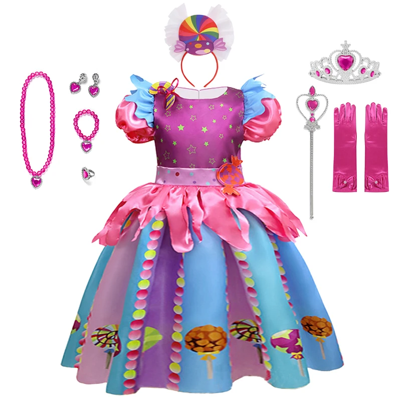

2022 Girls Lollipop Cute Princess Dress Children Puff Sleeve Costume Birthday Party Kids Cosplay Performance Candy Clothes Set
