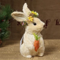 easter straw rabbit handicraft desktop bunny ornament with wreath for bedroom sitting room