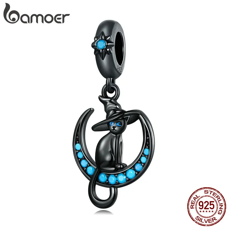 

Bamoer 925 Sterling Silver Witch Cat Pendant fit for Women Original Bracelet & Bangle Fine Jewelry Cute Funny Cat Charms SCC2330