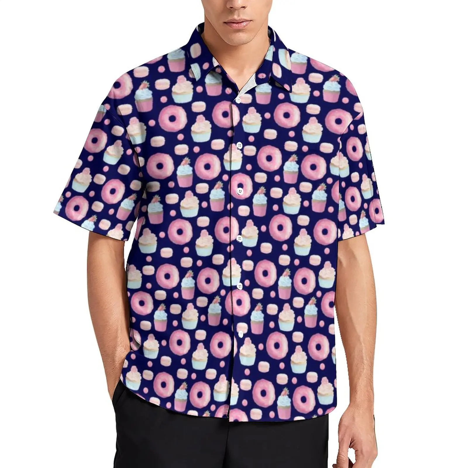 

Pink Doughnut Hawaiian Shirt Cupcakes and Macarons Casual Shirts Men Stylish Blouses Summer Short-Sleeve
