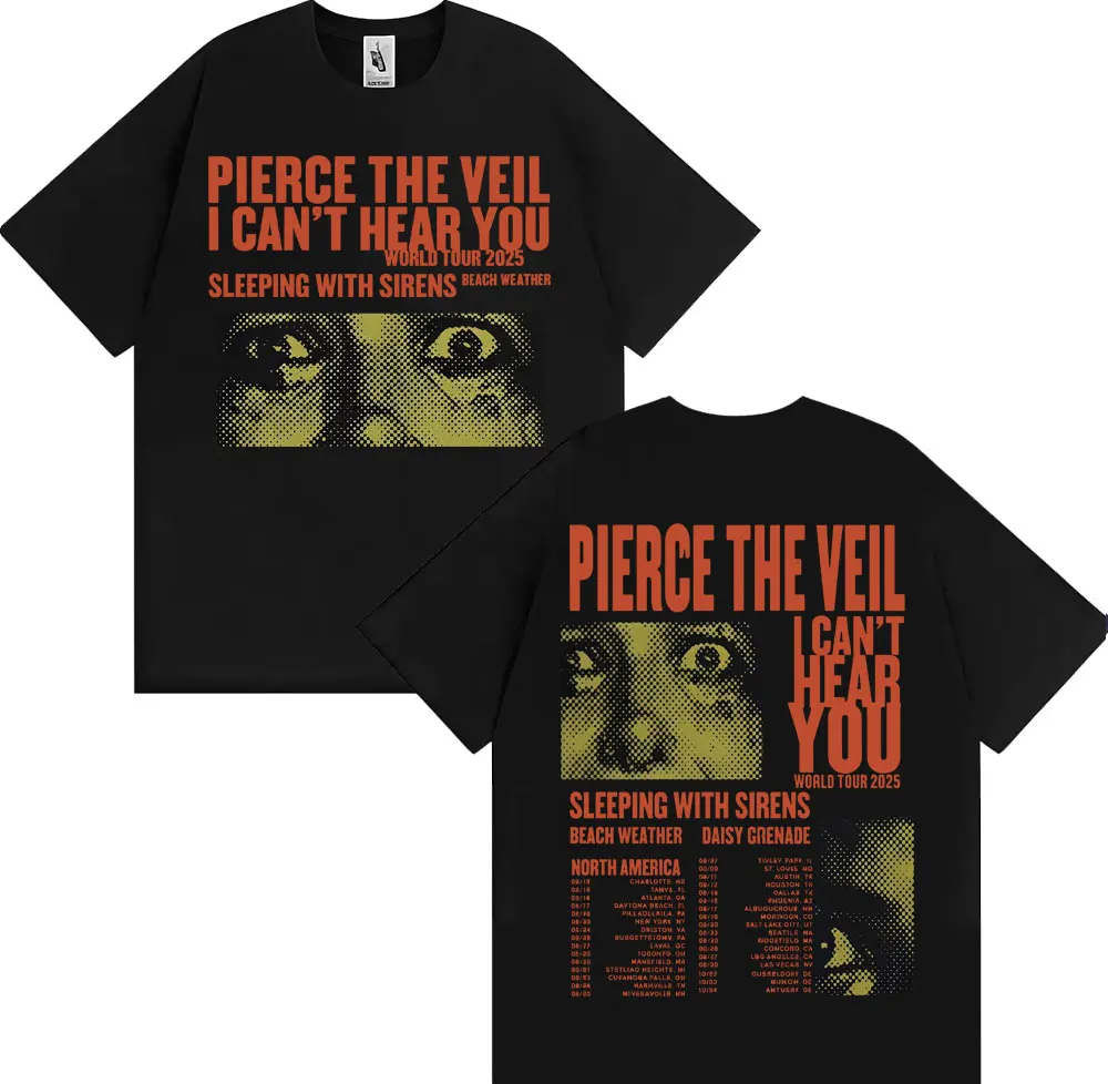 Фото Pierce The Veil I Can't Hear You Tour 2025 Мерч Футболка Мода Хип-Хоп Рок Музыка Футболки Мужчины Женщины Негабаритная Винтажная Футболка №1