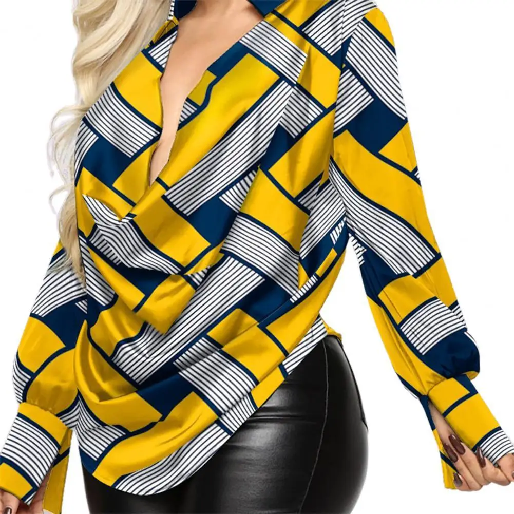 

Print Long Sleeve Top Casual Shirt Sexy Deep V Neck Polyester Irregular Geometry Print Trendy Shirt Ladies blusa feminina