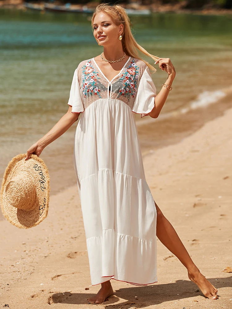 

Boho Dress Mesh Embroider Rayon Beach Cover up Tunic for Beach Summer Beachwear V neck Sexy Swimsuit Cover up Pareos Maxi Dress
