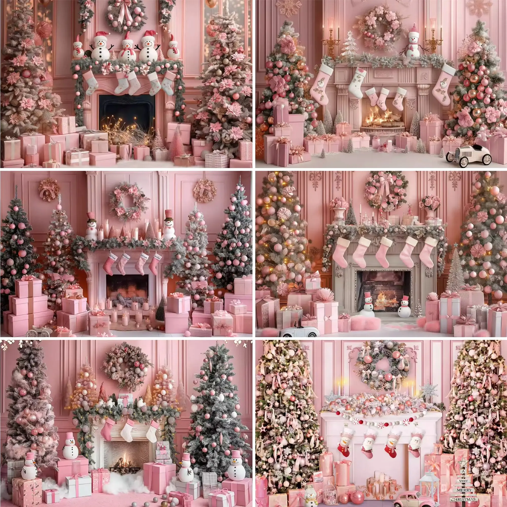 Розовый Рождественский тематический фон камин подарок Рождественская елка дети
