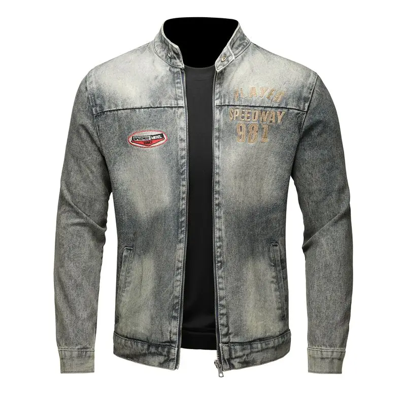 SALEISI мужские однотонные джинсовые куртки с отворотами модные мотоциклетные