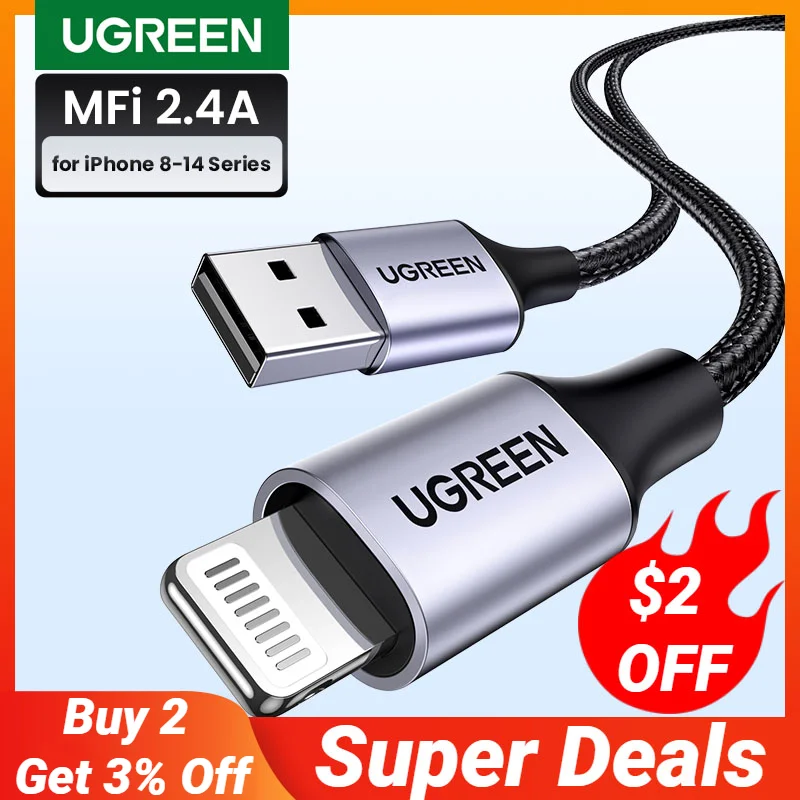 UGREEN MFi USB Lightning Cable for iPhone 2.4A Fast Charging USB A to Lighting Cables for iPad iPhone 11 13 12 14 Pro Max Cable