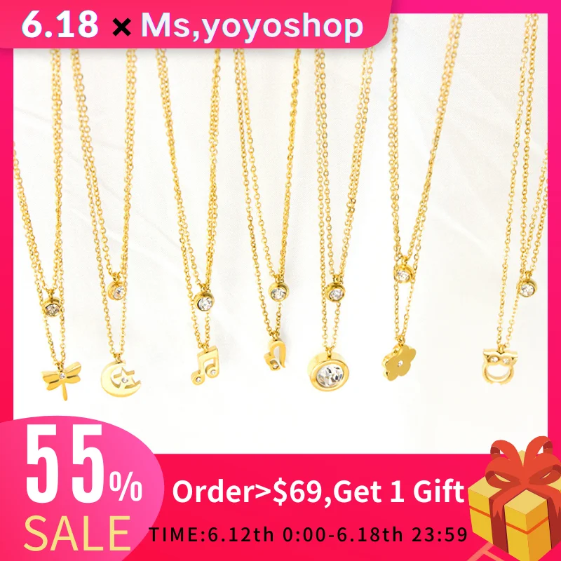 LUXUKISSKIDS Double Layer Pendant Necklaces For Women Stainless Steel Choker Neck Luxury Cubic Zircon Golden Multlayer Jewelry