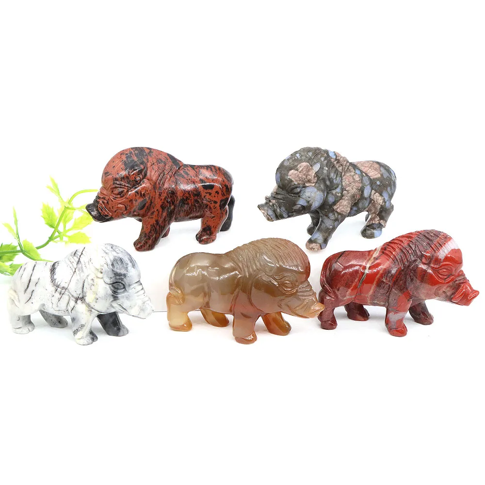 Wild Boar Statue Natural Stones Reiki Healing Crystal Carving Pig Animal Figurine Crafts Home Decoration Fengshui Ornament Gifts
