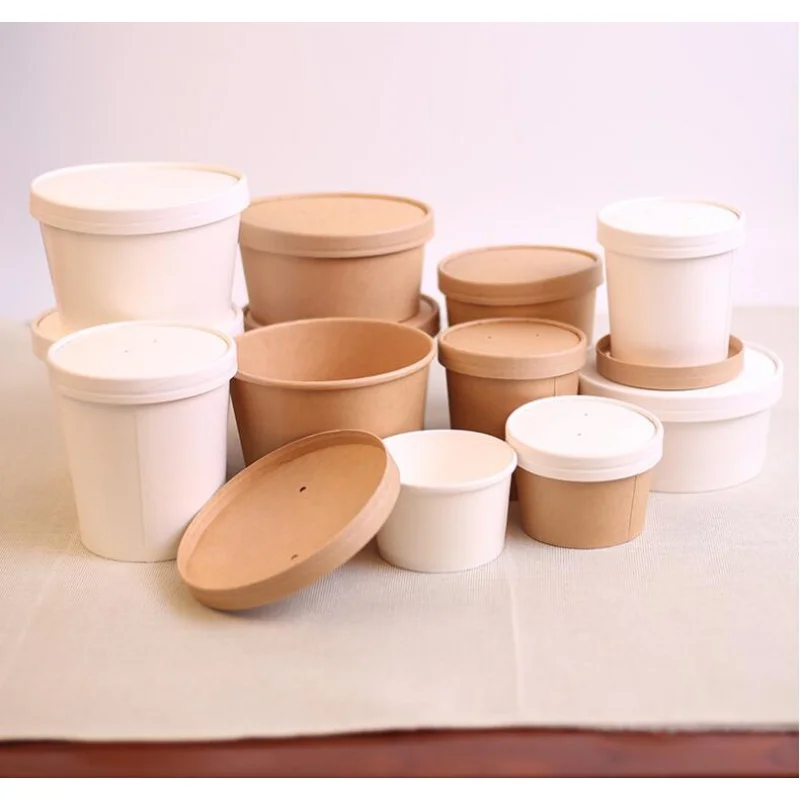 

ECO Disposable Kraft Paper Soup Cup Bowl with Paper lid take away lunch packing takeout food packaging bucket