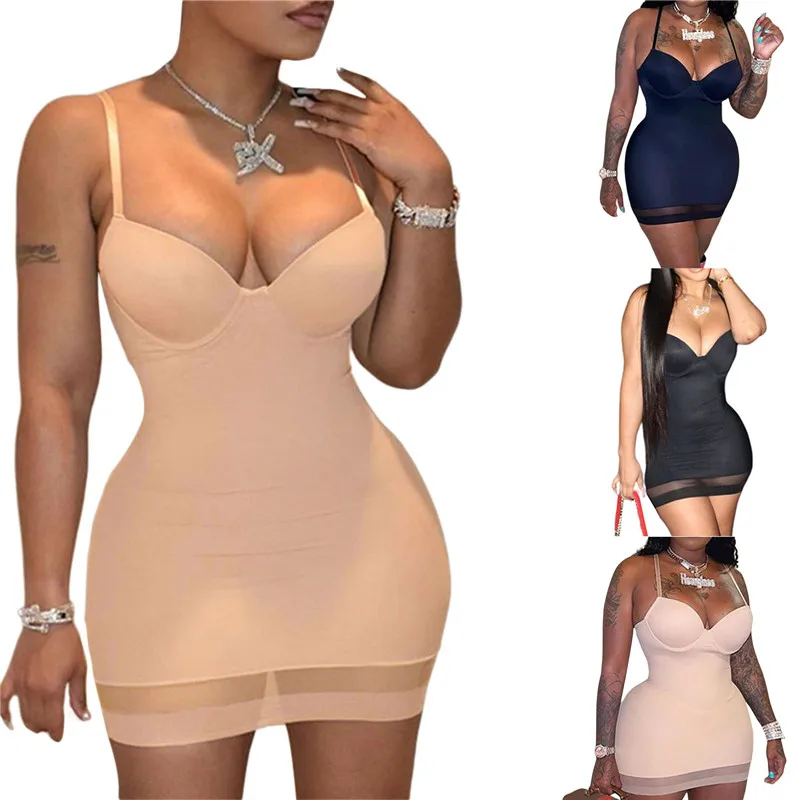 

Temperament Short Slip Dress for Women Sexy Solid Color Mesh Splicing V-neck Low Cut Sleeveless Slim Hip Bodycon Robe Dress Club