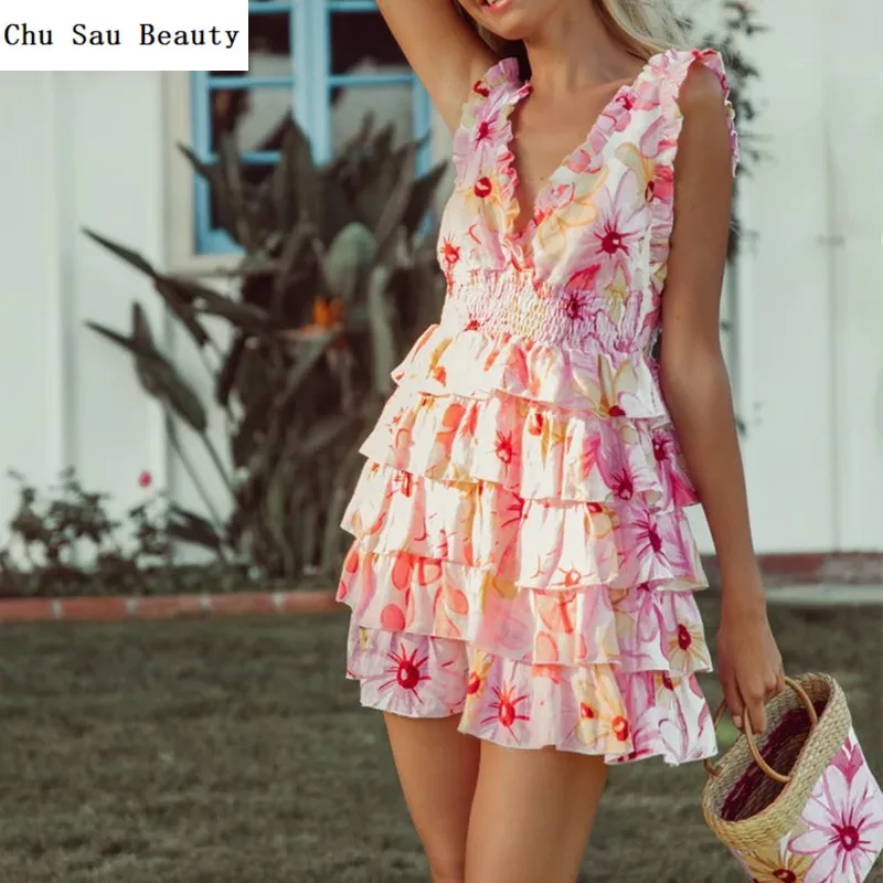 

2022 New Women Sexy V-Neck Multi-Layer Cake Pattern Mini Dress Summer Fashion Pastoral Style Sleeveless Short Slim Dress