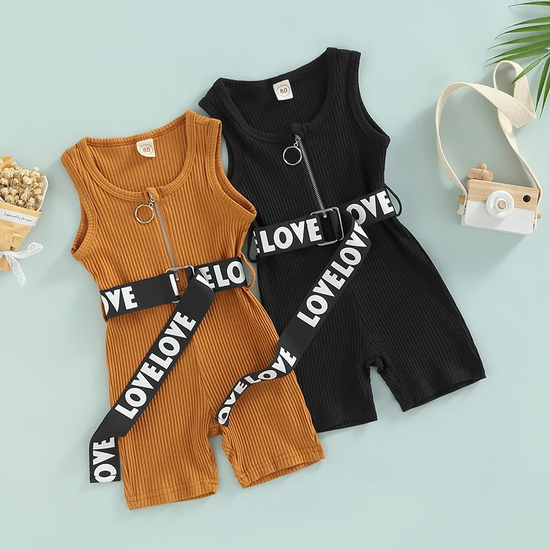 

Girl Casual Ribbed Sleeveless Jumpsuit Fashion Solid Color Zipper Round Neck Shorts Romper with Belt