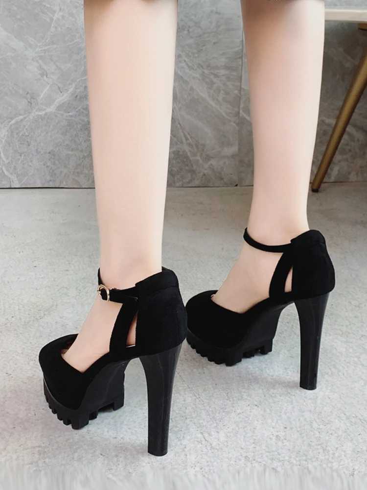 

11cm High-Heeled Sandals Womens Suede Platforms Sandals Summer Block Heels For Women Black Shoes Dames Sandalen