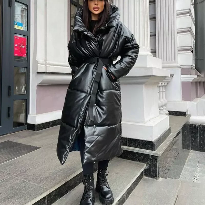 

Malina Hooded PU Parkas Women Fashion Tie Belt Coats Women Elegant Solid Faux Leather Slim Long Cotton Jackets Female Ladies