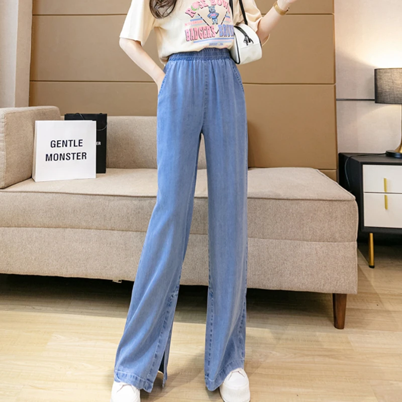 Women Elastic Waist Loose Split Denim Pants 2021 Summer Casual Thin High Waist Wide Leg Pant Women Long Length Trousers Jeans