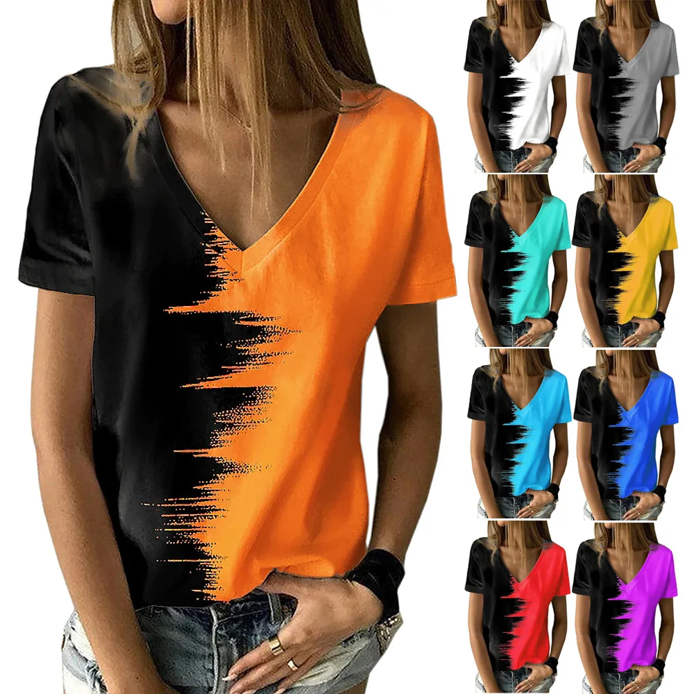 

2022 Summer Large Women's Contrast Color Top Casual New V-neck Short Sleeve Women's T-shirt