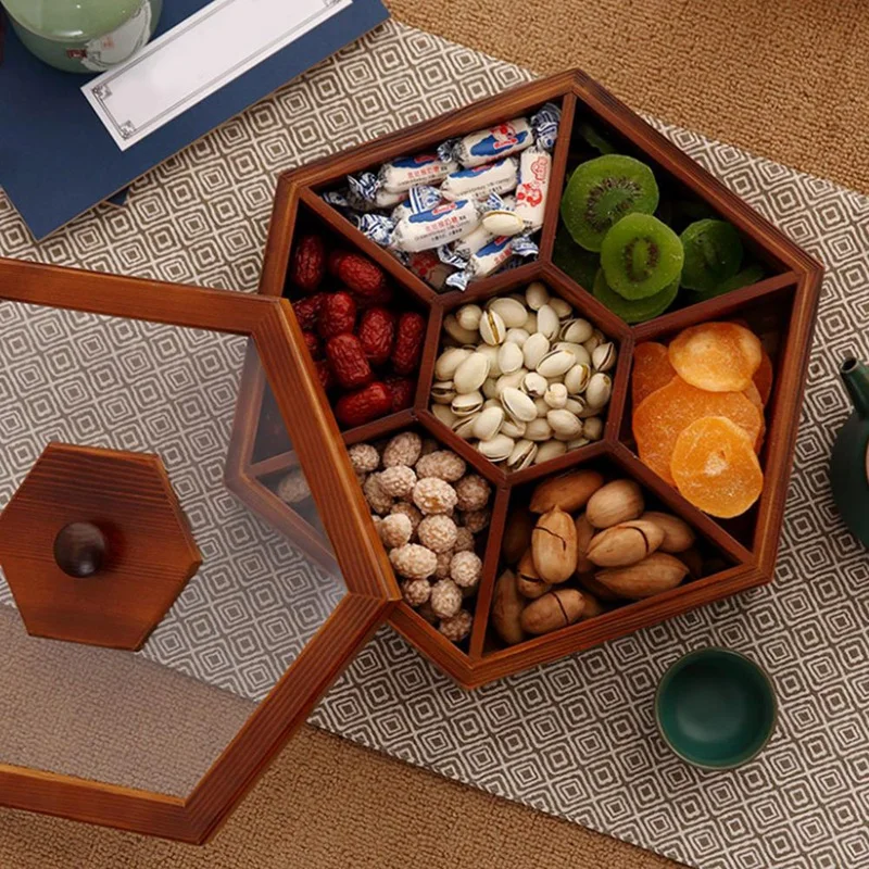 

1Pcs Chinese Style Multi-Grid Dried Fruit Tray Solid Wooden Snack Box Multifunctional Snack Organizer For Home