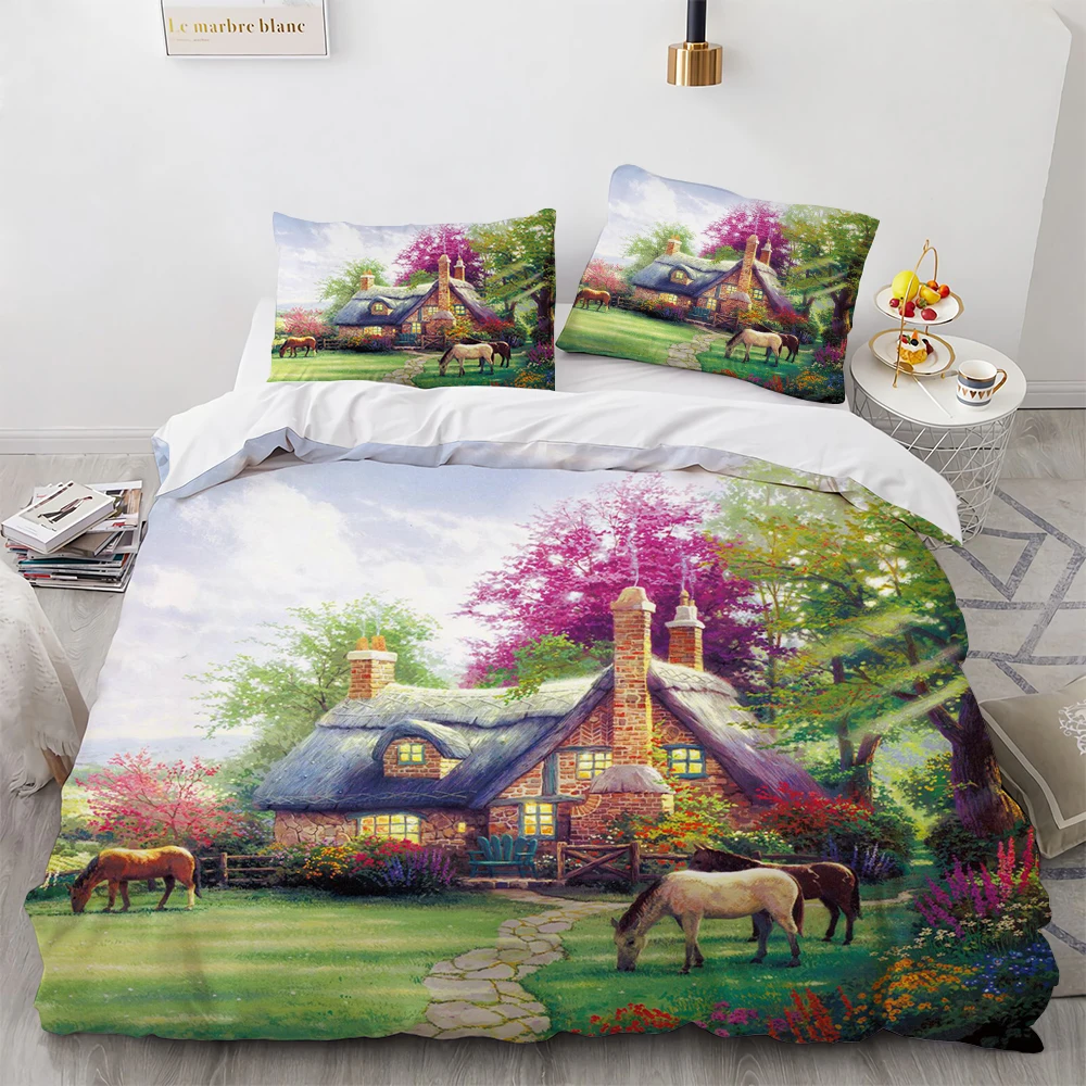 

Oil Painting King Queen Duvet Cover Vintage Building Landscape Bedding Set for Adults Retro Art 2/3pcs polyester Quilt Cover