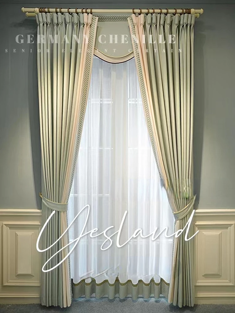 simple American light luxury Curtains for living room bedroom modern blackout light luxury high-end noble villa Green Splicing