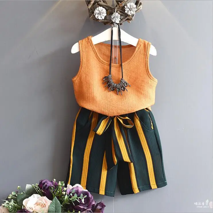

Girls vest two-piece set 2022 summer middle and small children's sleeveless top + contrast color tie striped wide-leg pants