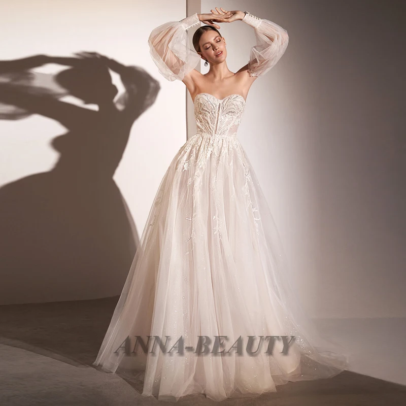 

Anna A Line Appliques Wedding Dresses Sparkly Tulle Sequins Sweetheart Sleeve Court Train Lacing Up Vestidos De Novia