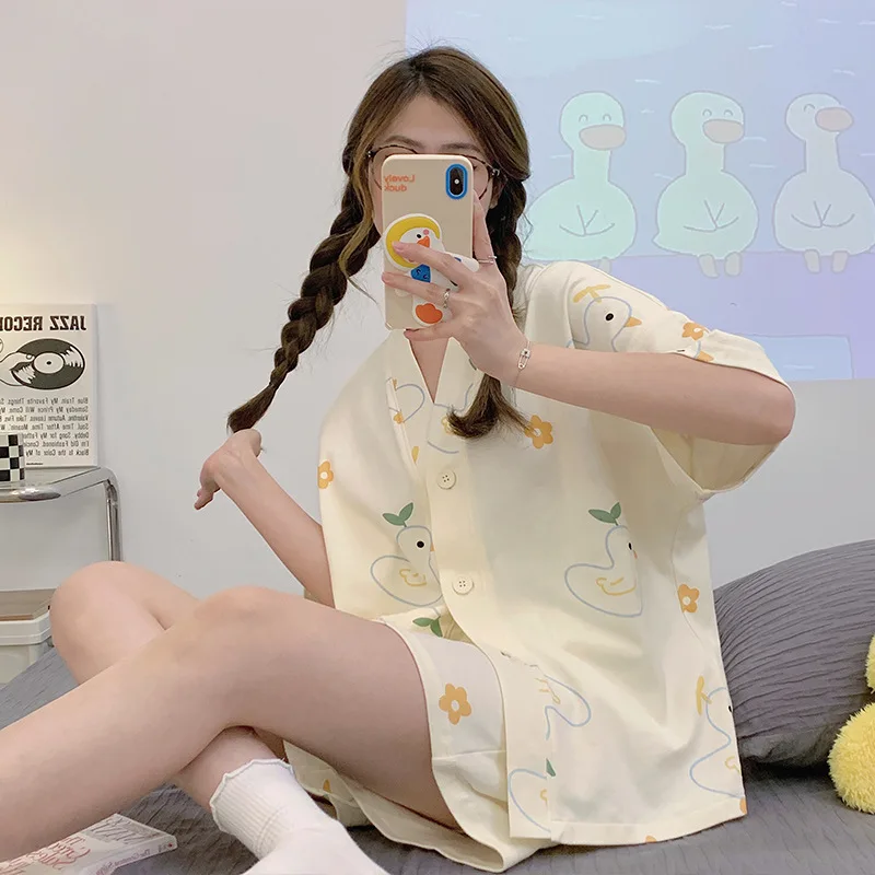 Cotton Women Pajamas Sets Strawberry Pyjamas Female Loungewear Button Pijamas Short Sleeve Top Shorts Suit Sleepwear Nightwear