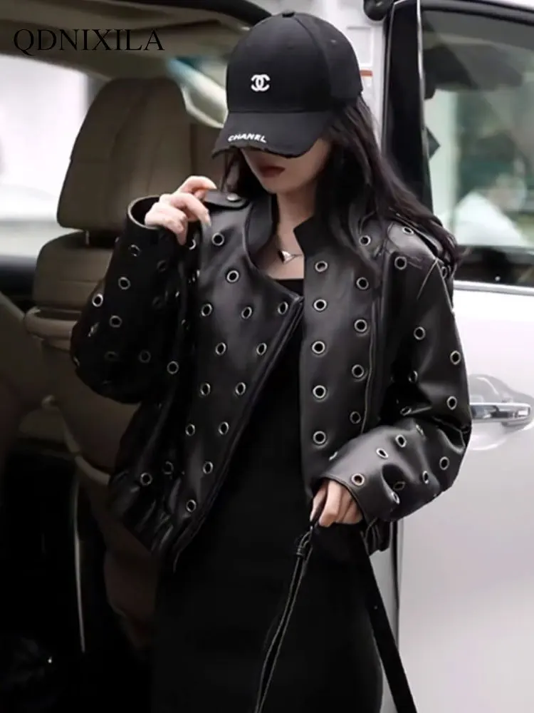 Women's Moto Biker Zipper Jacket 2023 Spring Jacket Women New Outerwear Heavy Industries Metal Buckle Hole Leather Jacket Woman