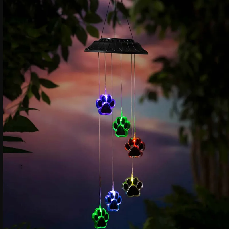 

Pet Pawprint Solar LED Wind Chimes Lights Dogs Cat Six Outdoor Waterproof Color Changing Balcony Yard Patio Decor for Pet Lover