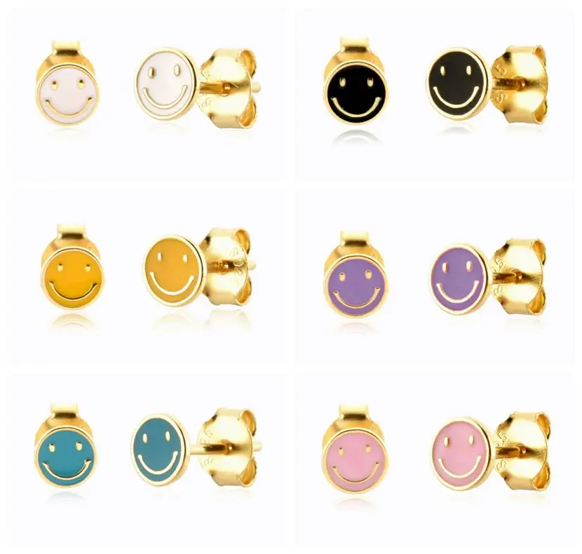 

925 Sterling Silver Needle Enamel Oil Drip Smiling Face Stud Earrings for Women 6 Colors Cute Piercing Earrings Wedding Jewelry