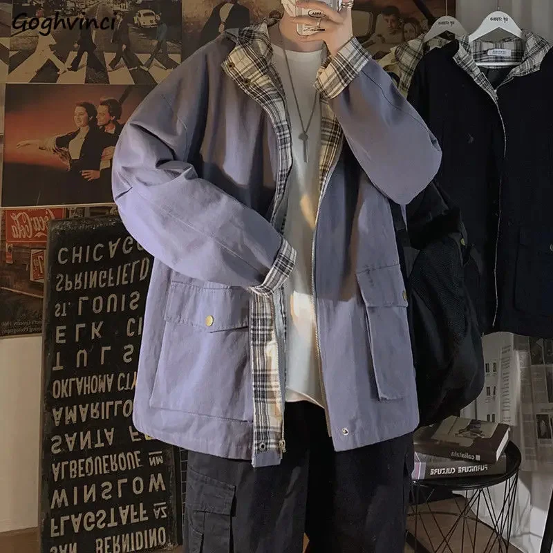 

Куртка Женская Базовая с капюшоном, клетчатый пиджак в стиле Харадзюку в стиле пэчворк, с высоким воротником-карго, мешковатая универсальная куртка на молнии в стиле Ins